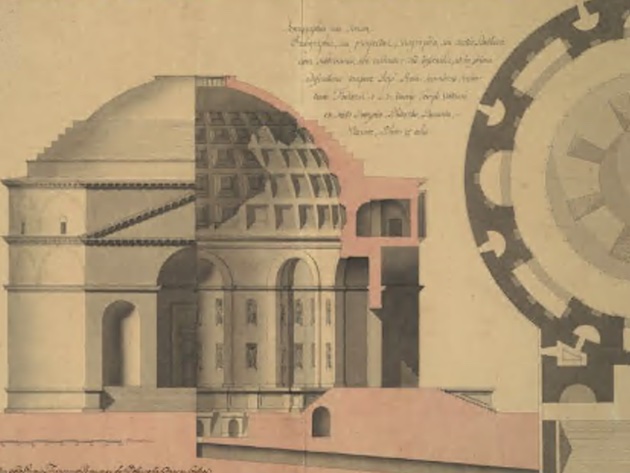 Alla studiosa Gioventù del Disegno. i Concorsi Clementini di architettura (1702–1869)-Foto: Claude-François Demesmay, Rilievo del Pantheon, pianta, prospetto e sezione, Concorso Clementino 1754, III classe, primo premio, grafite e inchiostro su carta