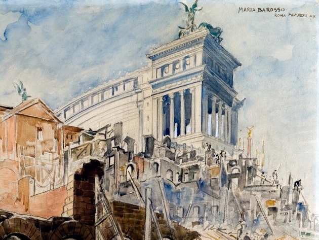 Maria Barosso, artista e archeologa nella Roma in trasformazione-Foto: Maria Barosso, Demolizione delle case in Via Cremona al Foro di Cesare