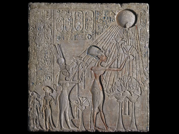 Relief of Akhenaten, Nefertiti and Two Princesses Worshipping the Aten Dynasty 18 Limestone, pigment H. 52 cm, W. 48 cm, L. 8 cm Egyptian Museum, Cairo, Photo credit: © Fotografie di Massimo Listri