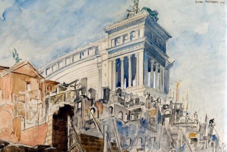 Maria Barosso, artista e archeologa nella Roma in trasformazione-Foto: Maria Barosso, Demolizione delle case in Via Cremona al Foro di Cesare