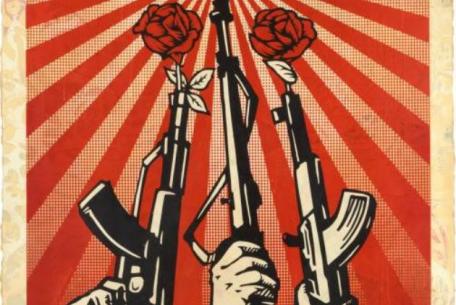 Shepard Fairey, Guns and Roses, 2019, Silkscreen and mixed media collage on paper Shepard Fairey, Guns and Roses, 2019, Silkscreen and mixed media collage on paper