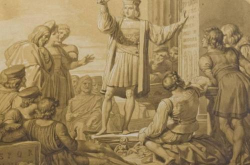 1350. Il Giubileo senza papa-Foto: Cola di Rienzo che spiega le antiche epigrafi ai Romani, inv.277, disegno acquerellato su carta, 1829. Roma, Galleria Carlo Virgilio & C.