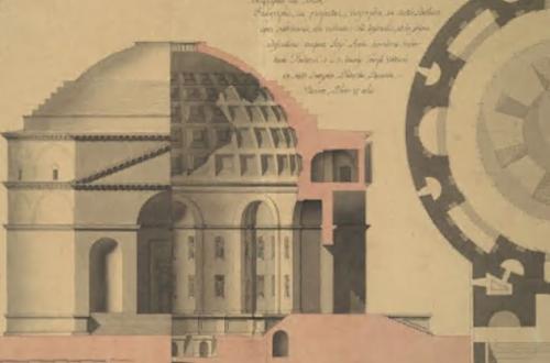 Alla studiosa Gioventù del Disegno. i Concorsi Clementini di architettura (1702–1869)-Foto: Claude-François Demesmay, Rilievo del Pantheon, pianta, prospetto e sezione, Concorso Clementino 1754, III classe, primo premio, grafite e inchiostro su carta