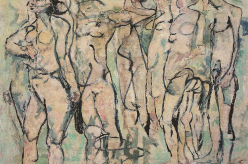 Fausto Pirandello. La magia del quotidiano-Foto: Fausto Pirandello - Bagnanti in acqua, 1961 olio su tavola, cm 104 x 137 - firmato in basso a sinistra Pirandello Roma, collezione privata