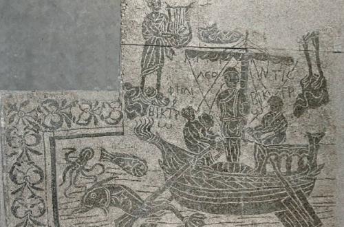 Mosaico con Ulisse e le Sirene, Da Quarto di Corzano, ambiente termale di una mansio (stazione di posta), Terme di Diocleziano, depositi (Olearie), inv. 519957, Metà-fine II secolo d.C., dettaglio