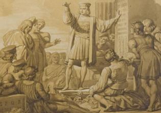 1350. Il Giubileo senza papa-Foto: Cola di Rienzo che spiega le antiche epigrafi ai Romani, inv.277, disegno acquerellato su carta, 1829. Roma, Galleria Carlo Virgilio & C.